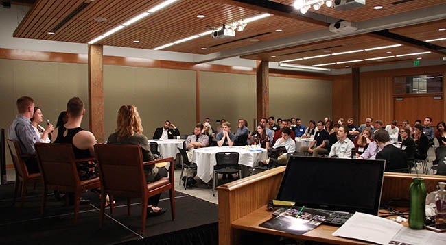 The alumni panel answers questions from attendees.