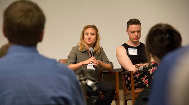 Zemax's Kristen Norton answers a question during the alumni panel.