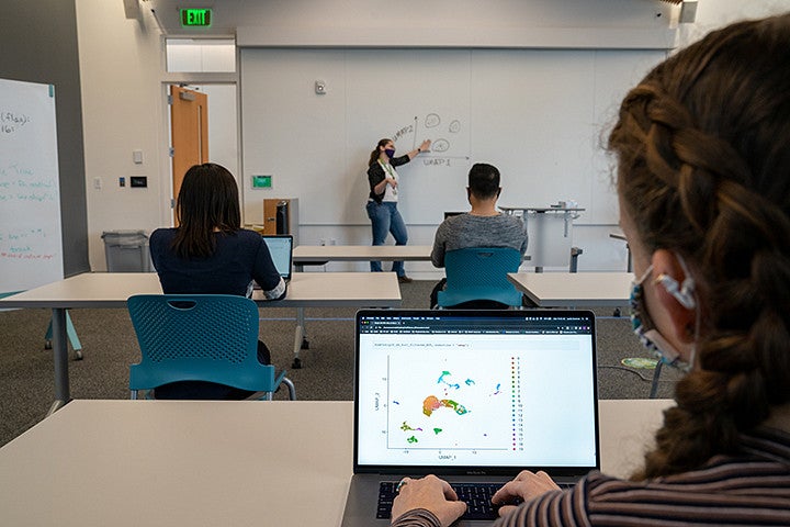 People sitting in a classroom listening to a teacher
