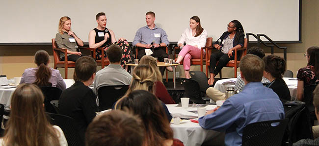 The alumni panel included Kristen Norton from Zemax, Caleb Van Buskirk from Los Alamos National Lab, David Raschko from FormFactor, Amanda Siedschlag from Intel, and Darlene Reid from Analytical Answers, Inc.